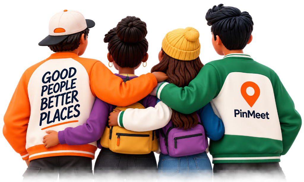 Four friends from behind with Good People Better Places and PinMeet shirts